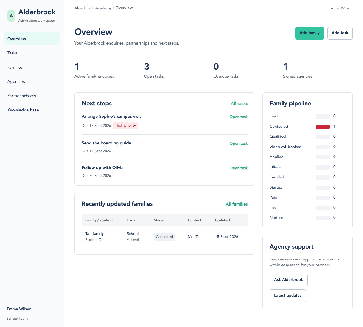 NanaSays school CRM showing family enquiries, admissions stages and team follow-ups